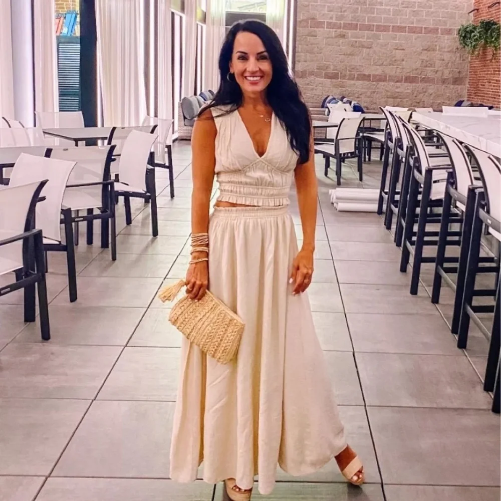 Abercrombie and Fitch Crinkle Textured Plunge Top and Maxi Skirt Cream M/L